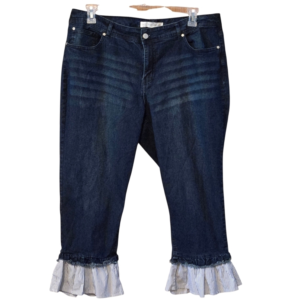 Est. 1946 Dark Blue White Striped Ruffle Hem Jeans Cropped Capris Womens 18W